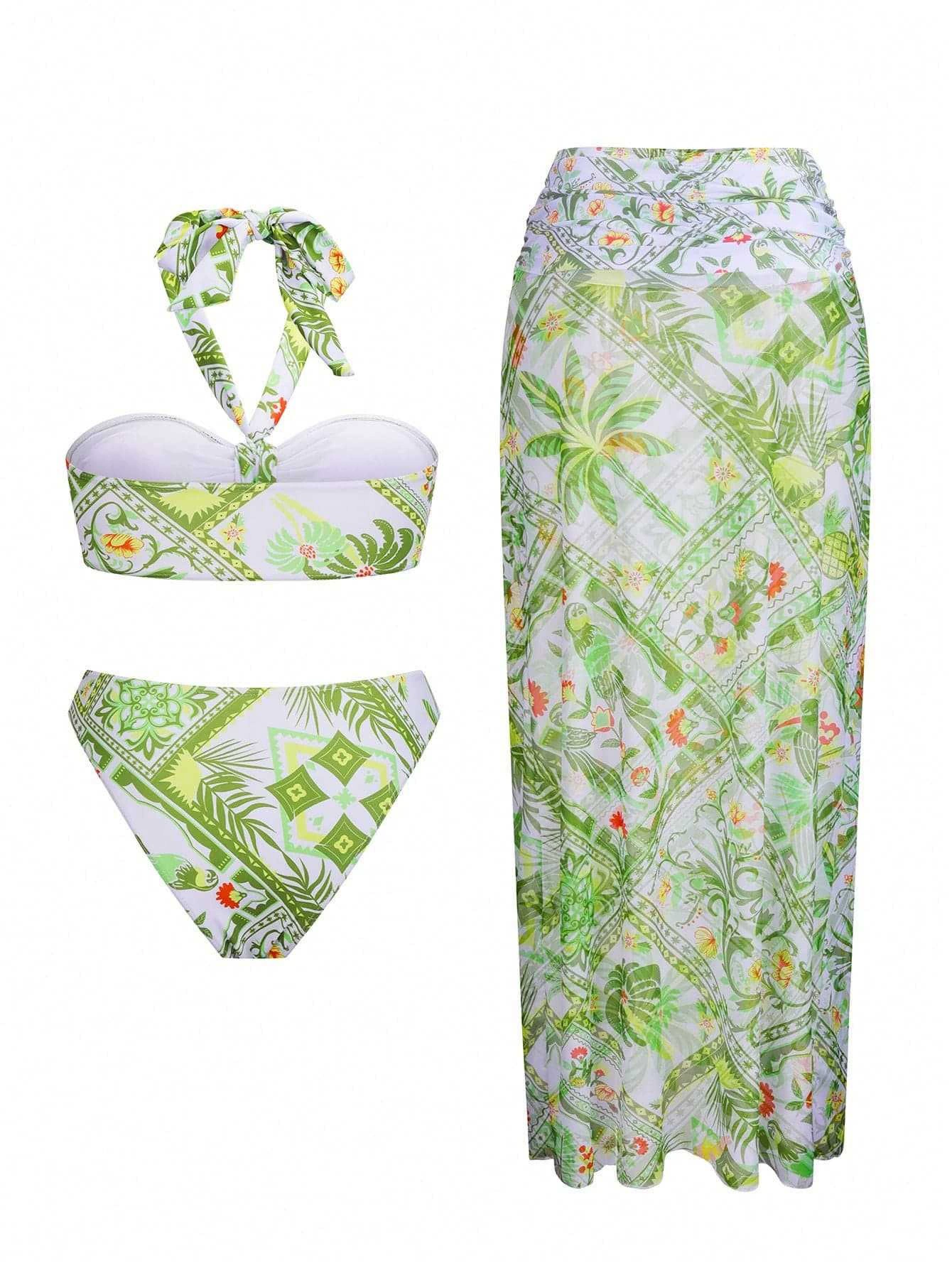 Three-Piece Halter Bikini Set with Long Skirt view 4