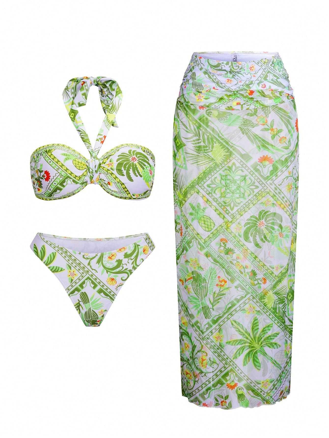 Three-Piece Halter Bikini Set with Long Skirt view 5