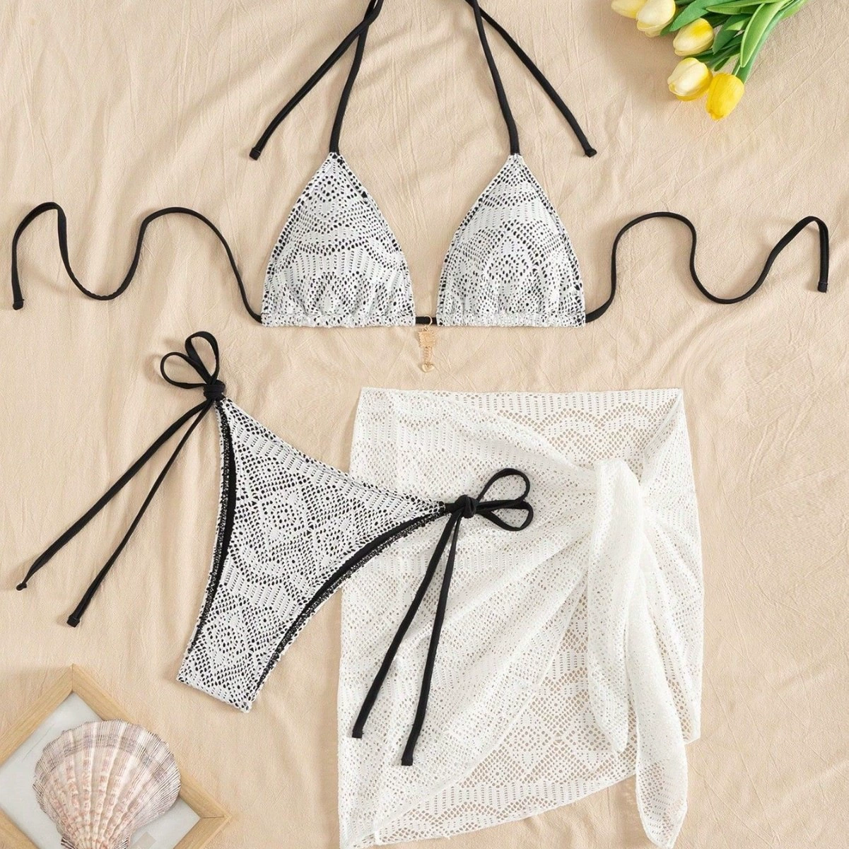 Three-Piece Triangle Bikini Set with Cover-Up Skirt