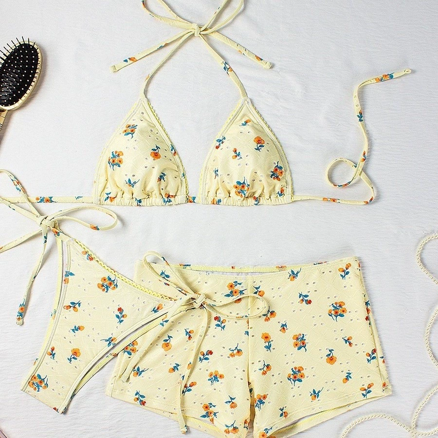 Women’s Halter Triangle Bikini Set with Side-Tie Bottom and Boy Shorts