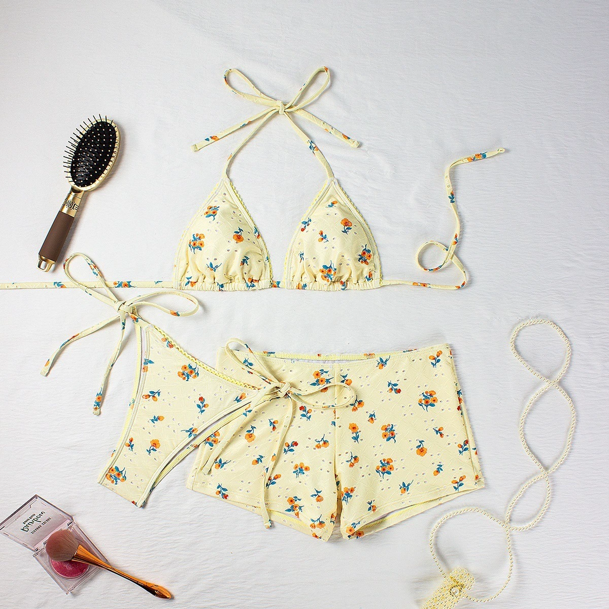 Women's Halter Triangle Bikini Set with Side-Tie Bottom and Boy Shorts view 6