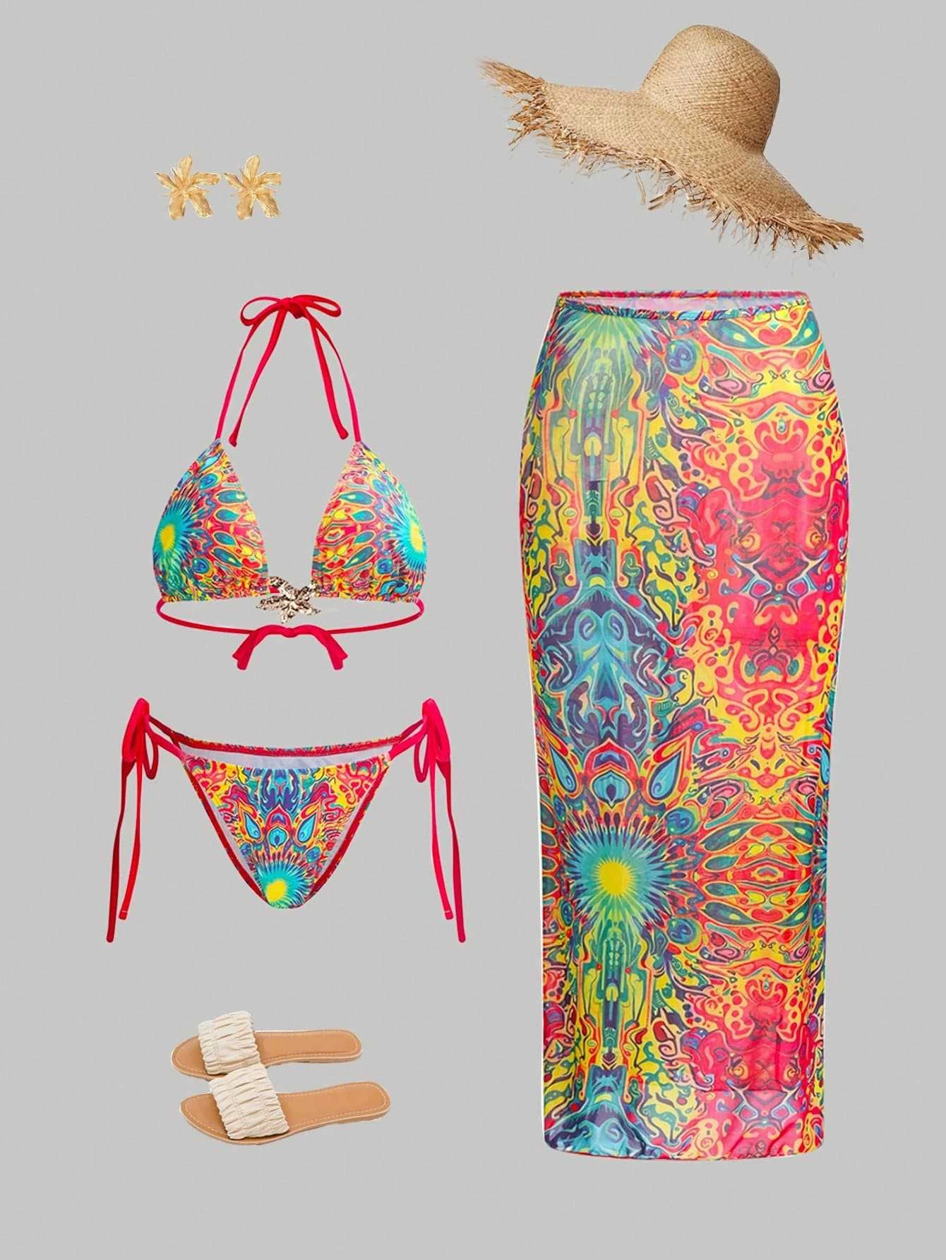 Halter Bikini with Side-Tie Bottom and Long Cover-Up Skirt view 3