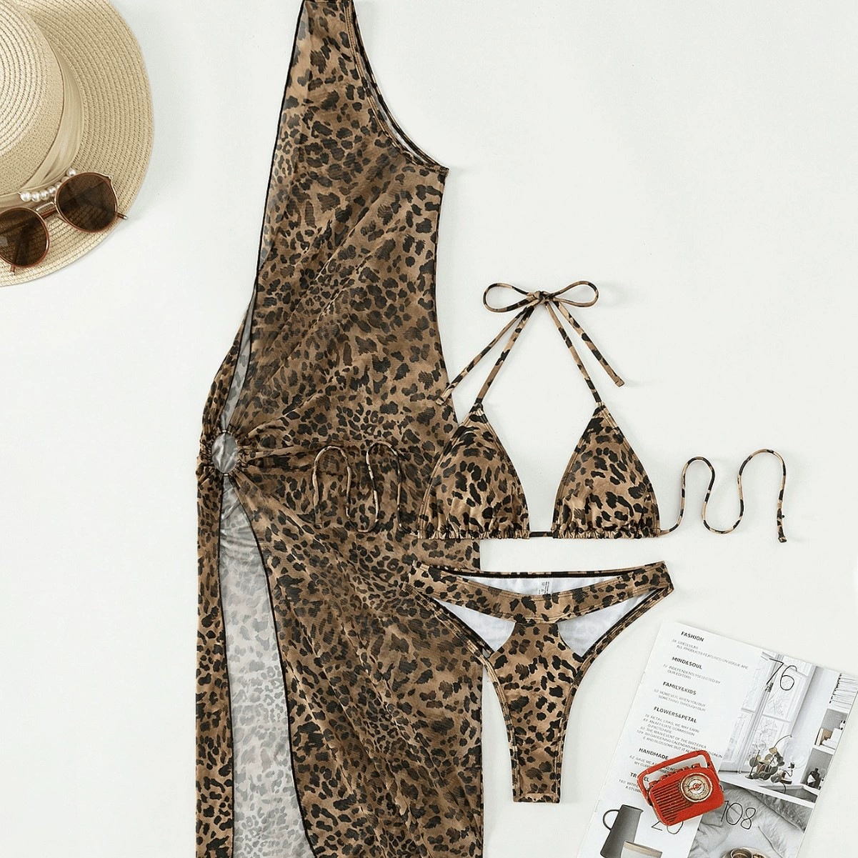 Three-Piece Halter Bikini Set with Cover-Up Skirt view 4