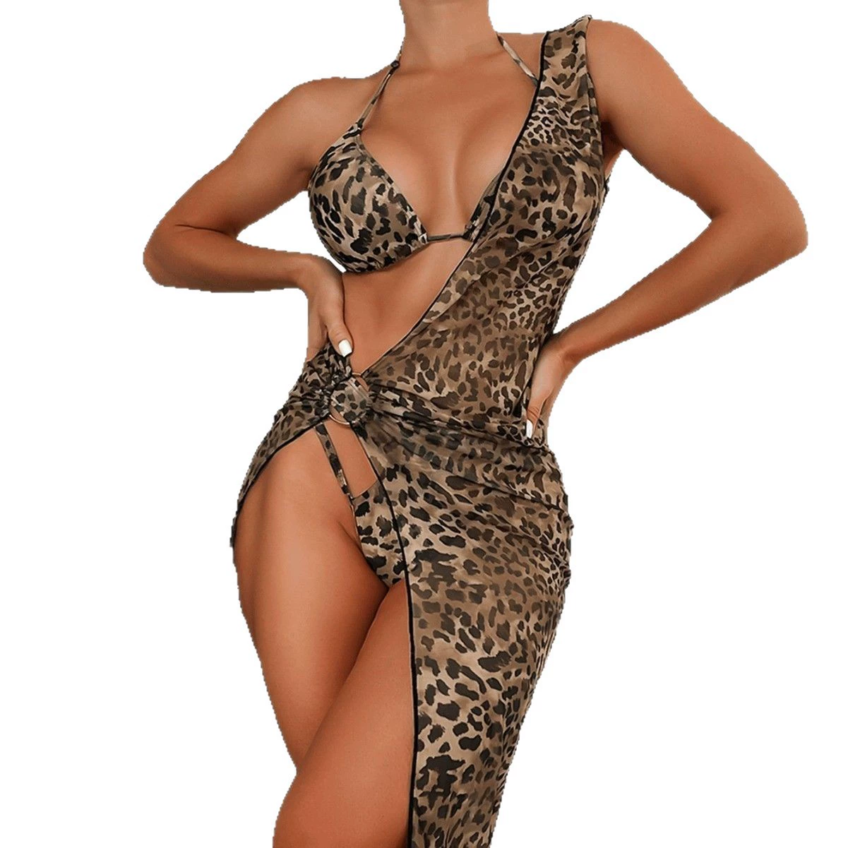 Three-Piece Halter Bikini Set with Cover-Up Skirt view 5