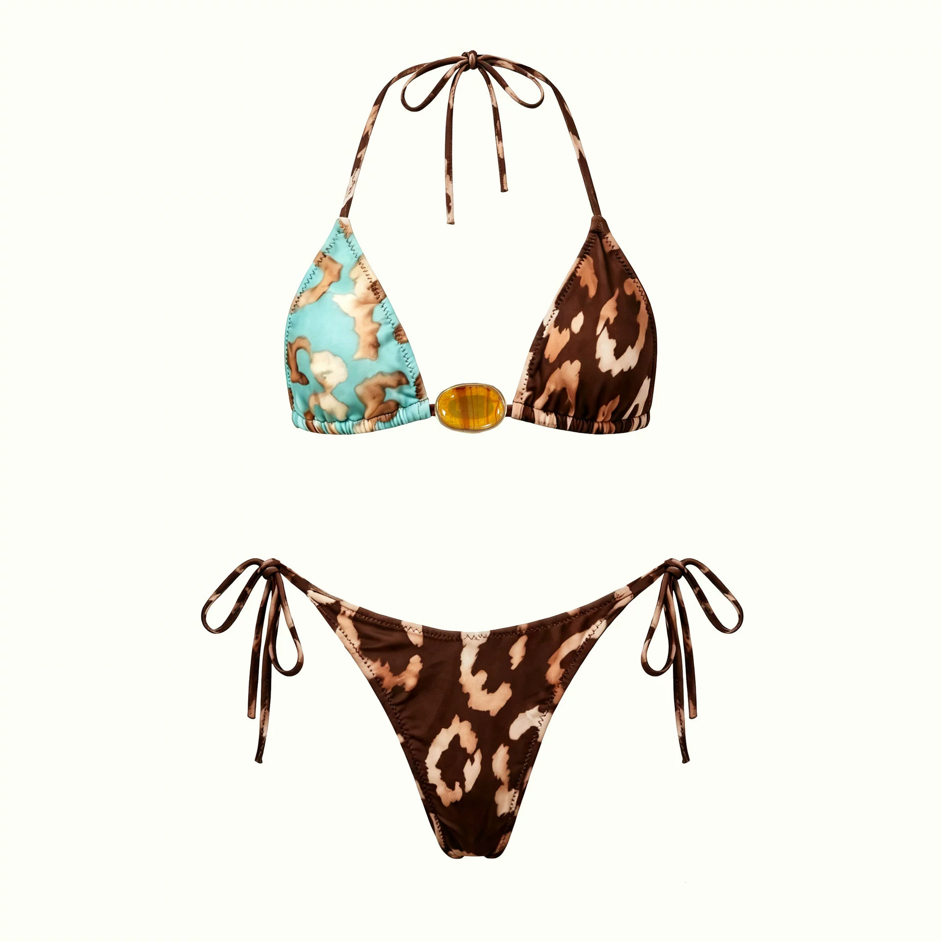 Brown Leopard Two-Piece Triangle Halter Bikini Set with Tie-Side Bottoms
