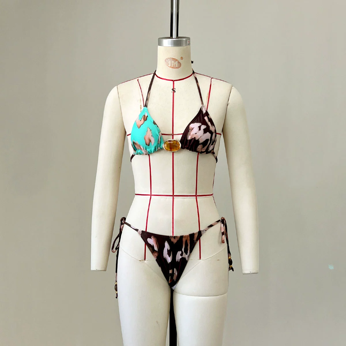 Brown Leopard Two-Piece Triangle Halter Bikini Set with Tie-Side Bottoms