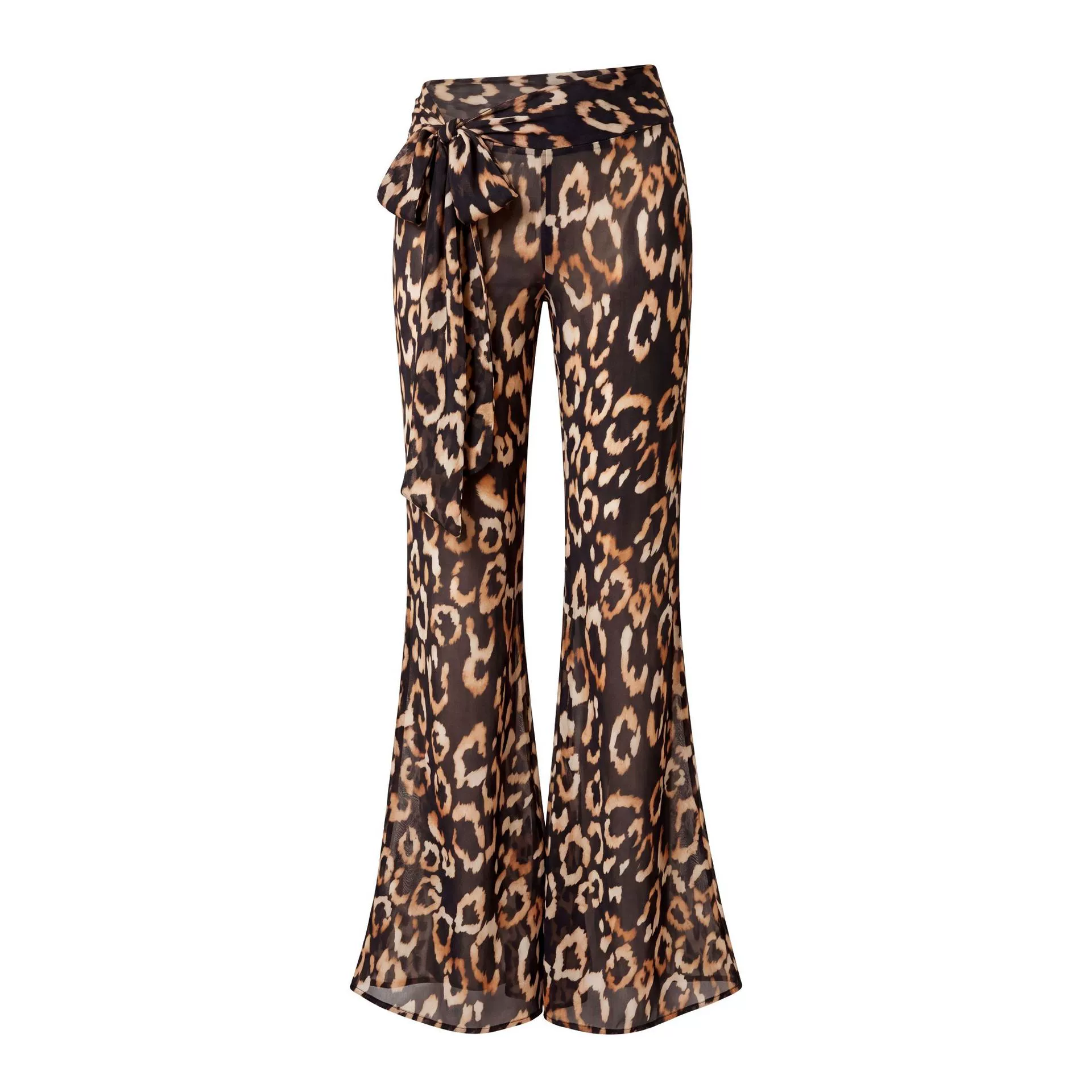Brown Leopard Wide Leg Flared Pants with Tie Waist