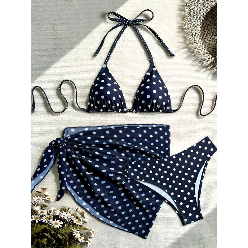 Three-Piece Halter Triangle Bikini and Mini Sarong Set view 2