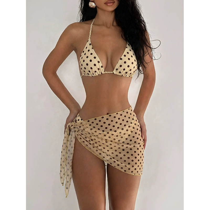 Three-Piece Halter Triangle Bikini and Mini Sarong Set view 3