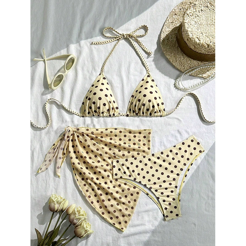 Three-Piece Halter Triangle Bikini and Mini Sarong Set view 5