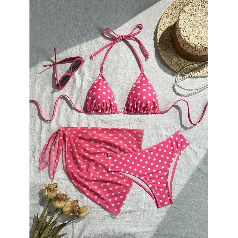 Three-Piece Halter Triangle Bikini and Mini Sarong Set view 7