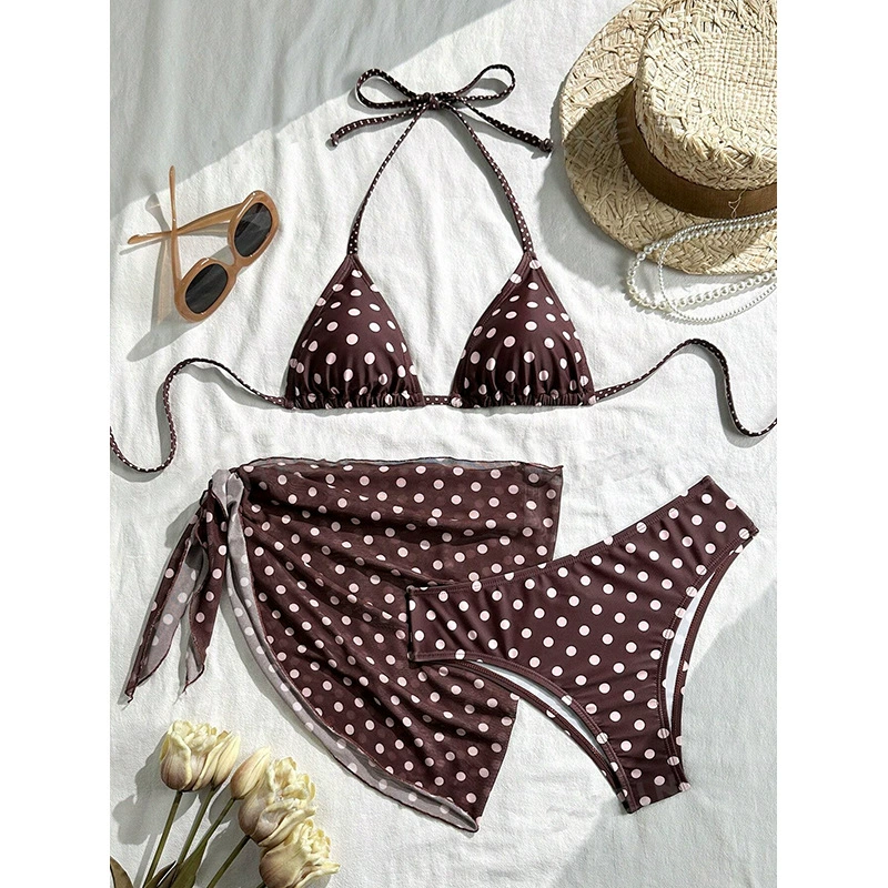 Three-Piece Halter Triangle Bikini and Mini Sarong Set view 8