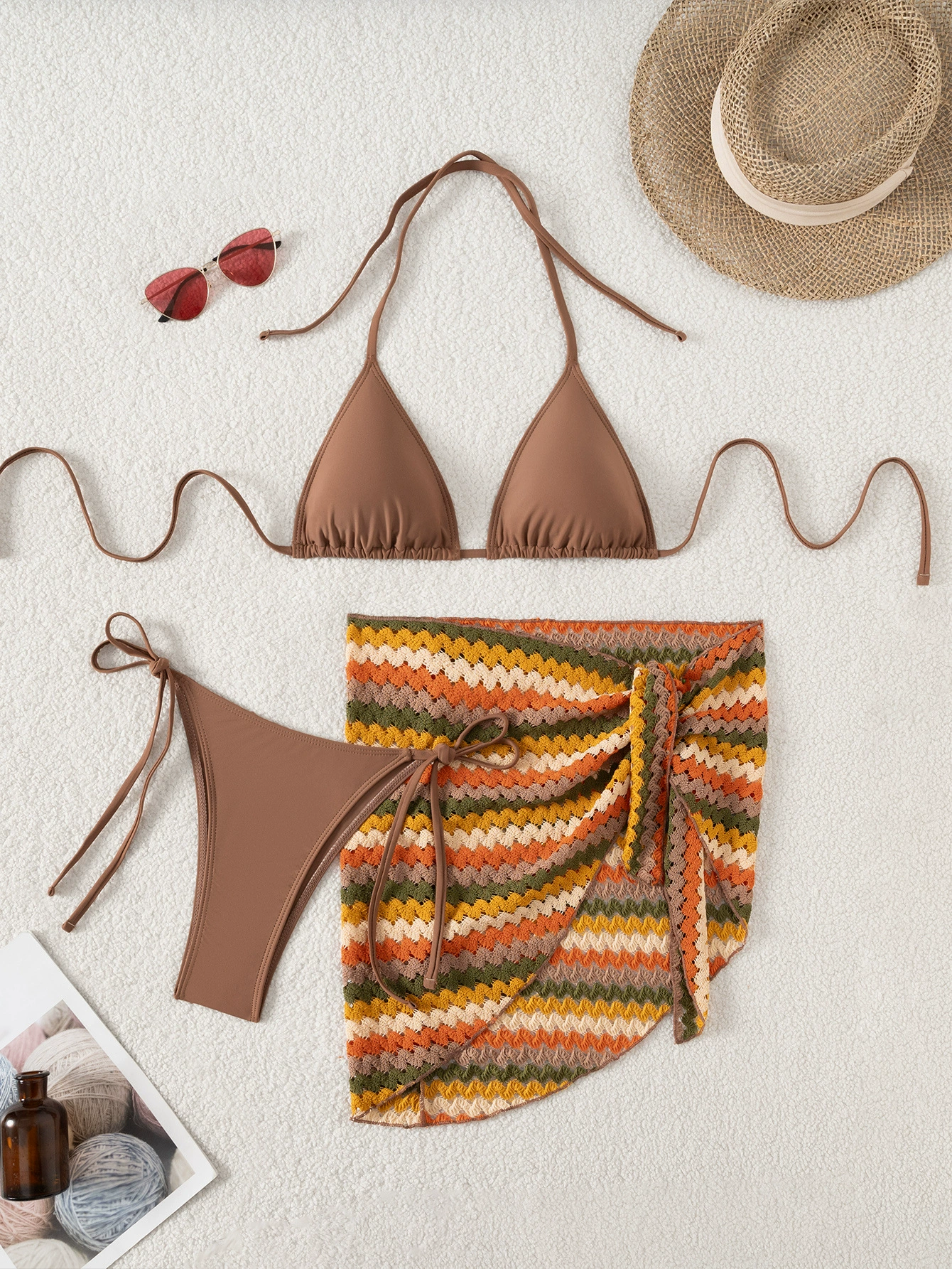 Halter Triangle Bikini Set with Crochet Sarong Wrap view 5