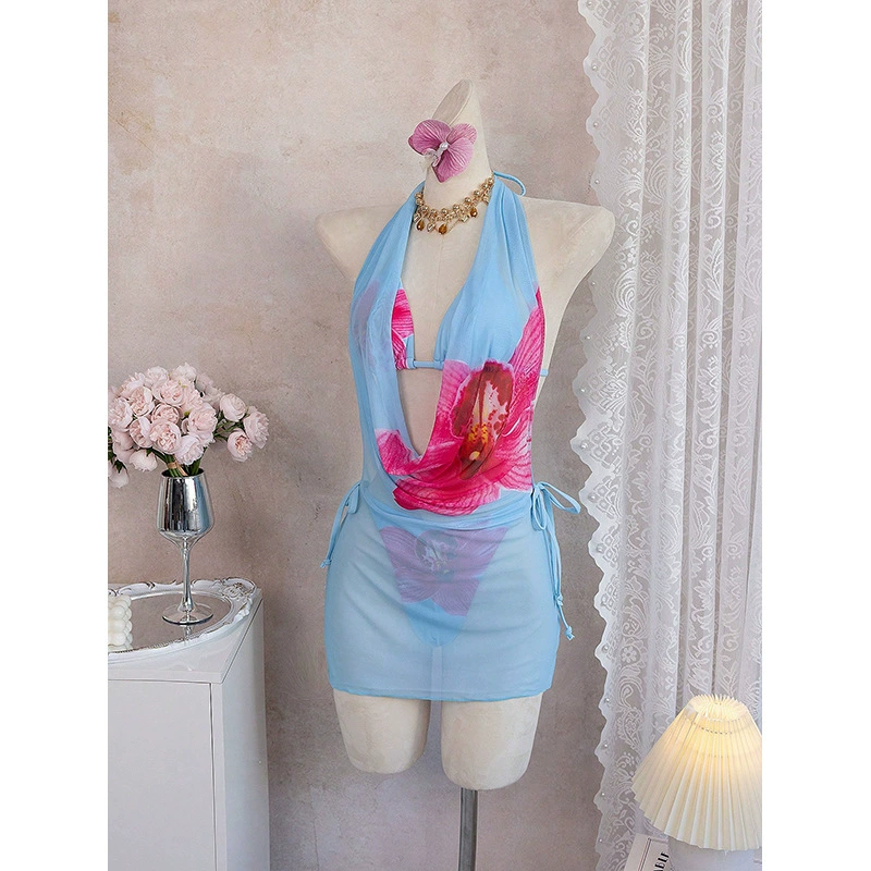 Halter Three Piece Bikini Set with Sheer Mini Skirt