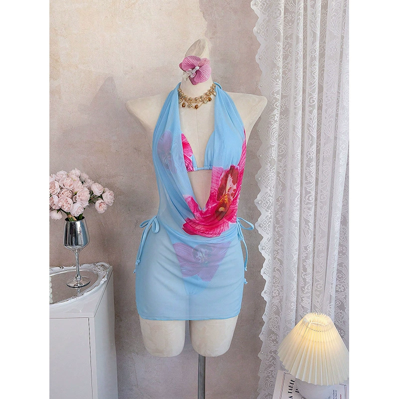 Halter Three Piece Bikini Set with Sheer Mini Skirt view 3