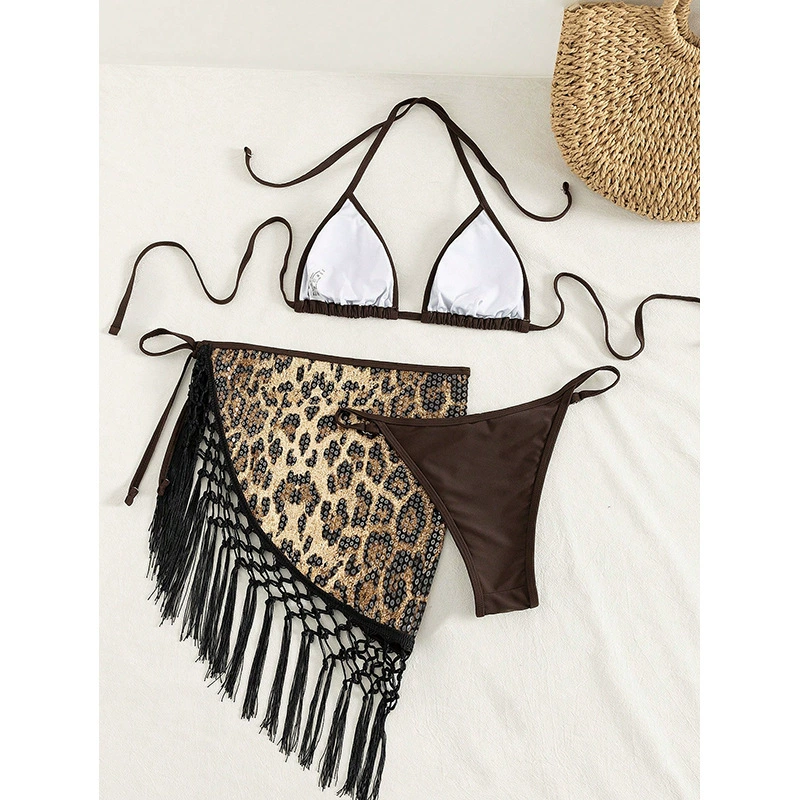 Triangle Halter Bikini Set with Fringe Sarong Cover-Up