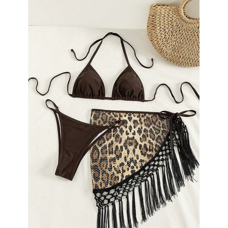 Triangle Halter Bikini Set with Fringe Sarong Cover-Up view 3