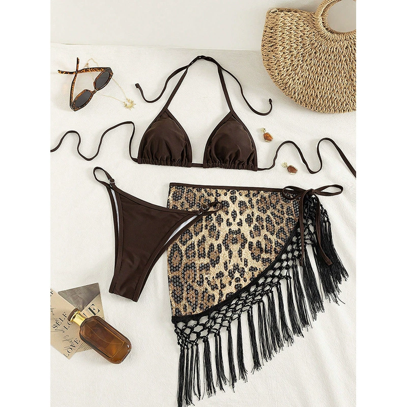 Triangle Halter Bikini Set with Fringe Sarong Cover-Up view 4