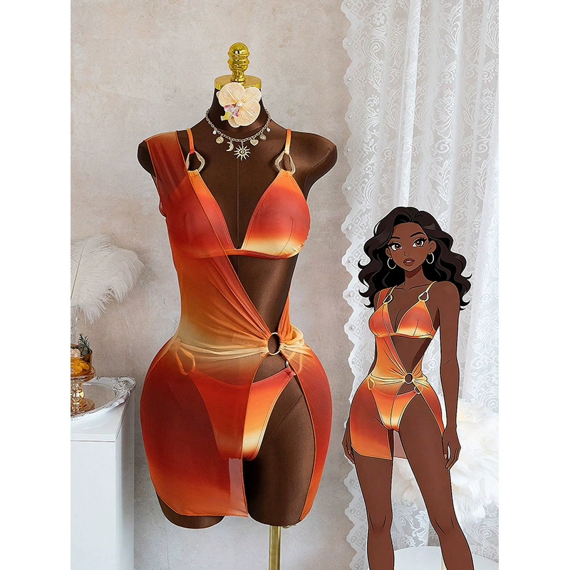 Ring-Detail Halter Triangle Bikini with Wrap Cover-Up Set in Orange Ombre