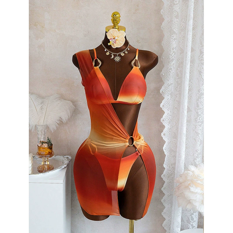 Ring-Detail Halter Triangle Bikini with Wrap Cover-Up Set view 3