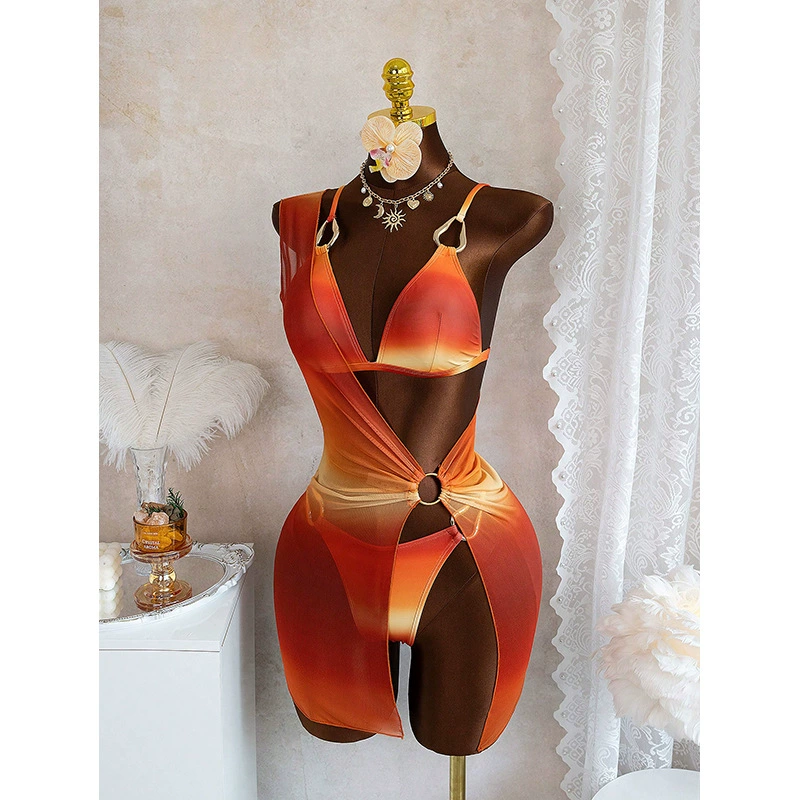 Ring-Detail Halter Triangle Bikini with Wrap Cover-Up Set view 4