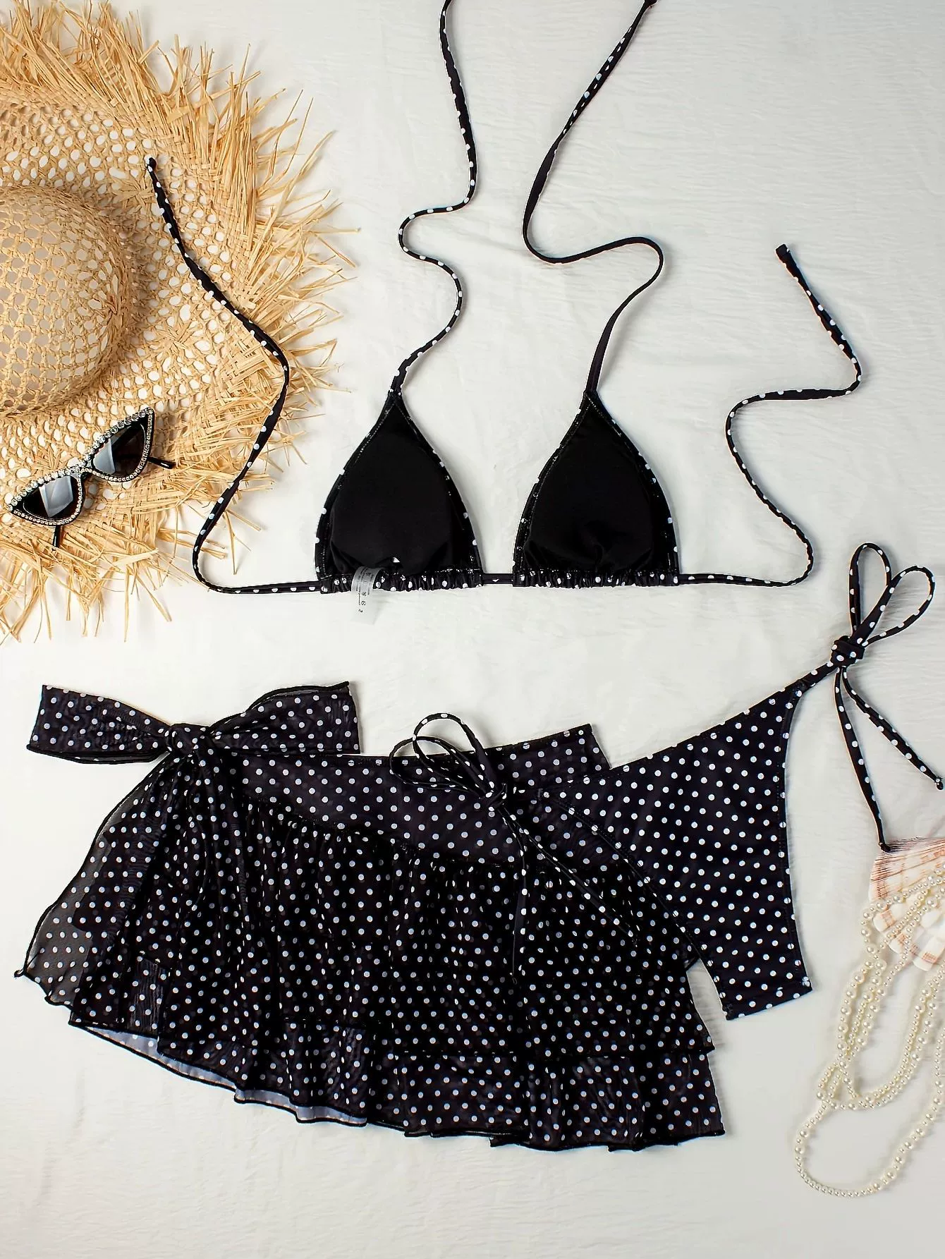 Three-Piece Triangle Halter Bikini Set with High-Waisted Bottom and Ruffled Skirt Cover-Up in Black Polka Dot