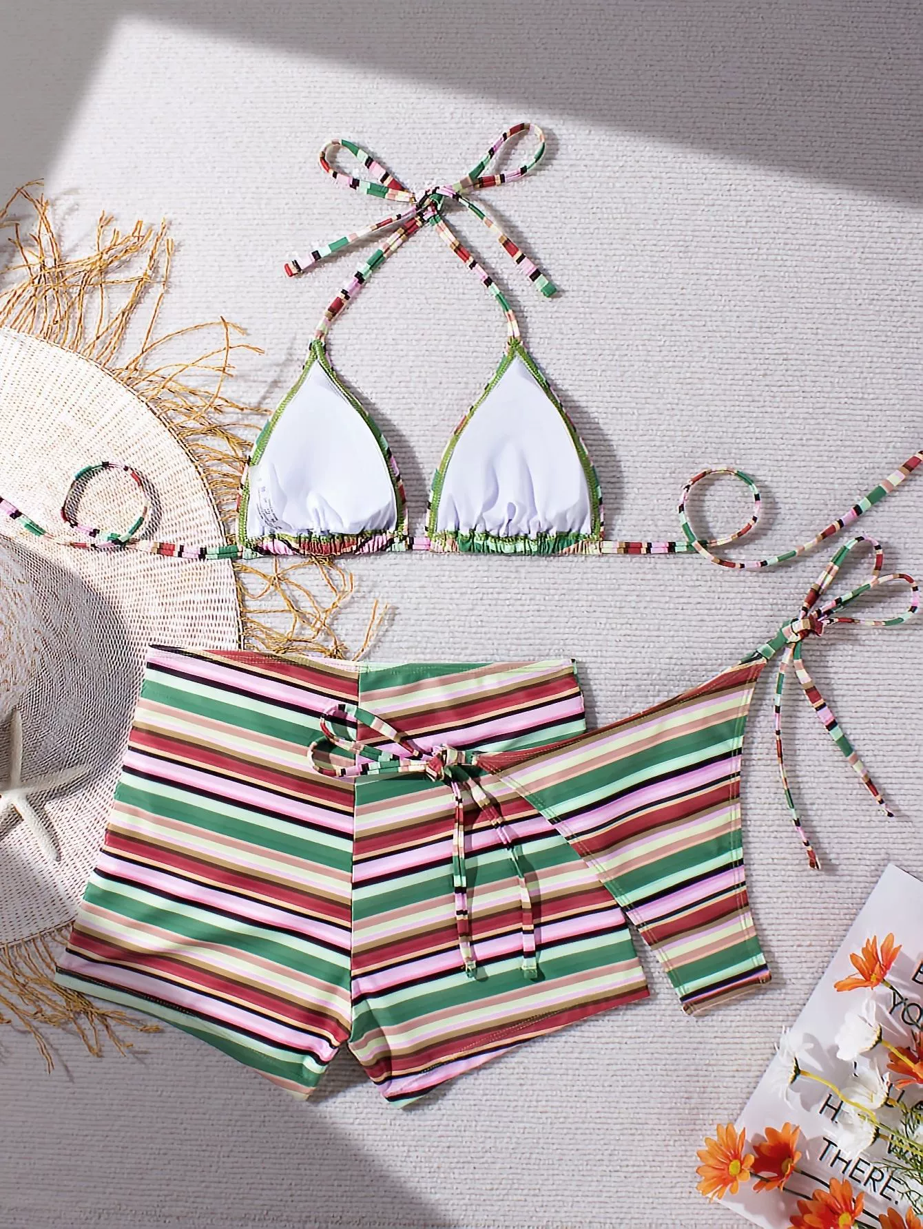 Three-Piece Triangle Halter Bikini Set with High-Waisted Tie-Front Shorts and Cover-Up in Multicolor Stripes
