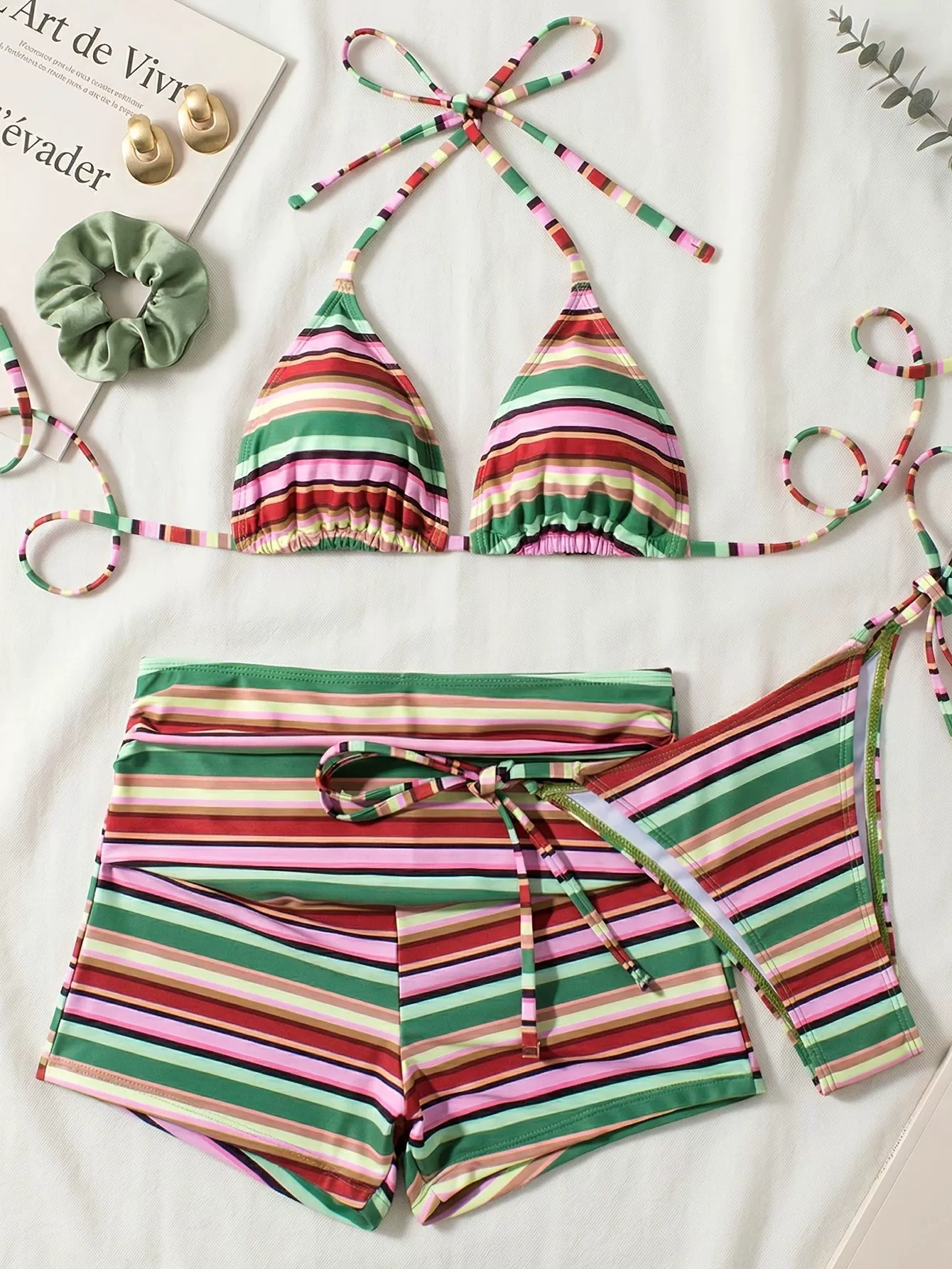Three-Piece Triangle Halter Bikini Set with High-Waisted Tie-Front Shorts and Cover-Up in Multicolor Stripes