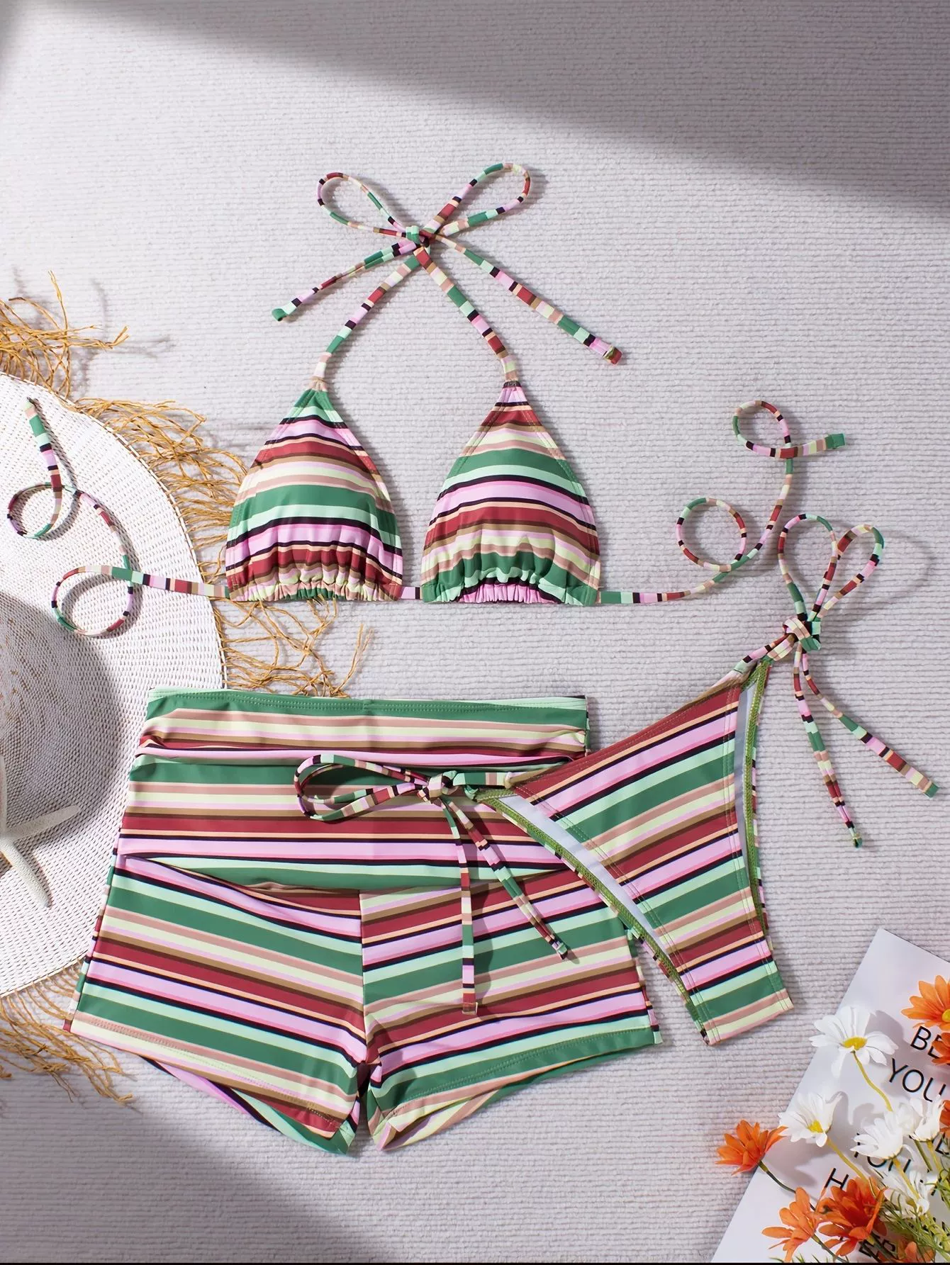 Three-Piece Triangle Halter Bikini Set with High-Waisted Tie-Front Shorts and Cover-Up view 3