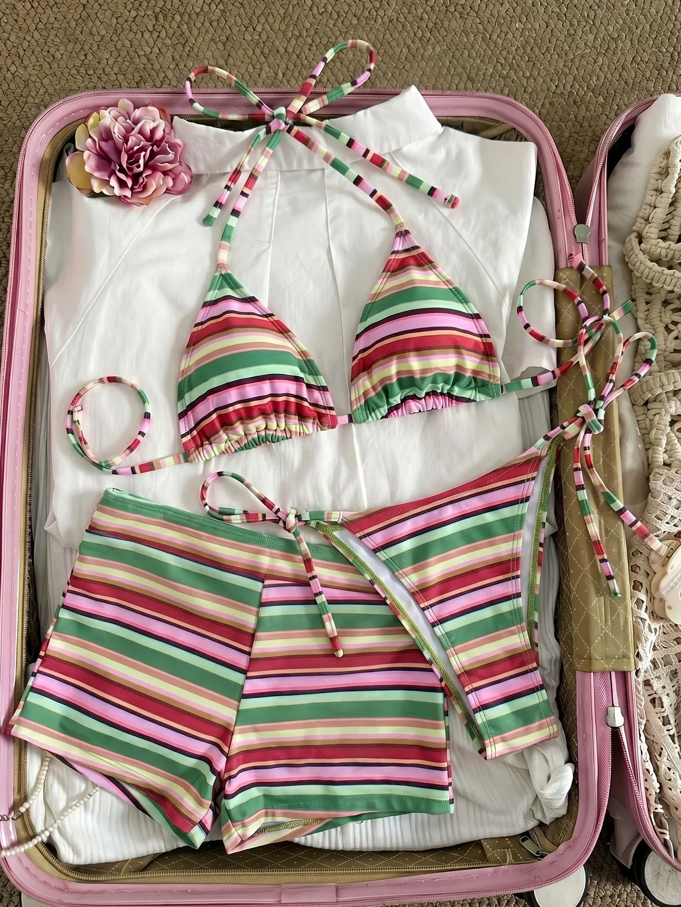 Three-Piece Triangle Halter Bikini Set with High-Waisted Tie-Front Shorts and Cover-Up view 4