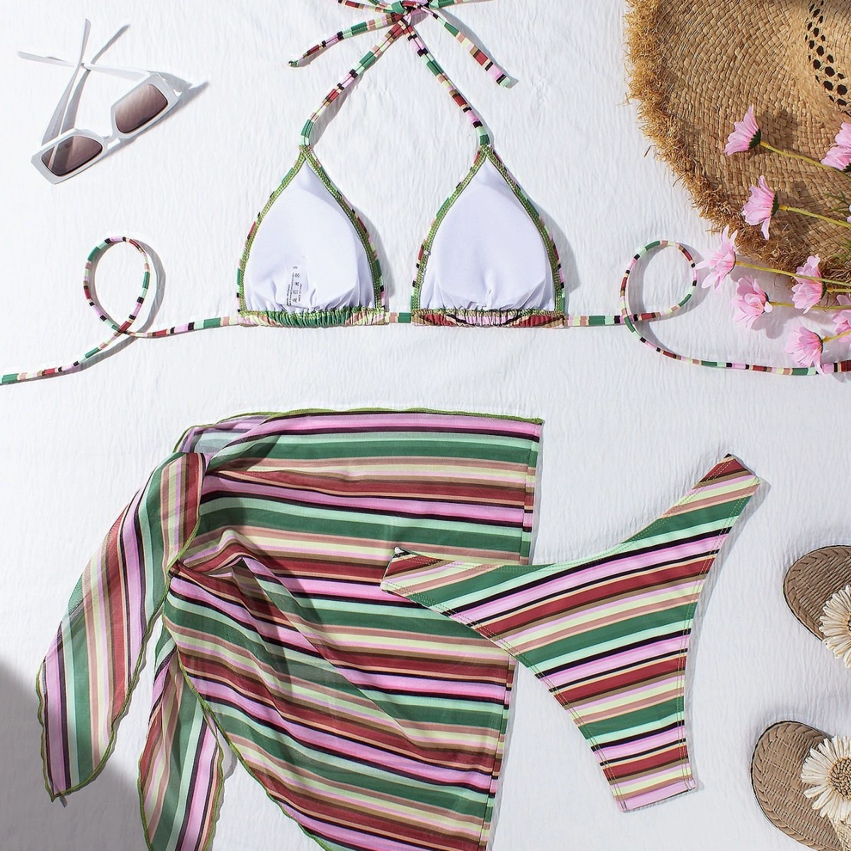 Women’s Three-Piece Halter Bikini Set with Wrap Skirt