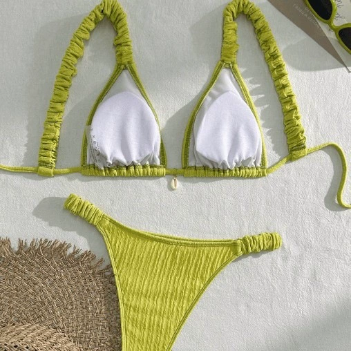 Two-Piece Triangle Bikini Set with Gathered Straps and Side-Tie Bottom