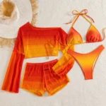 Women's Four-Piece Swimsuit Set with Off-Shoulder Top, Bikini, and Shorts