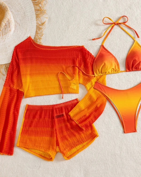 Traje de baño de cuatro piezas para mujer con top de hombros descubiertos