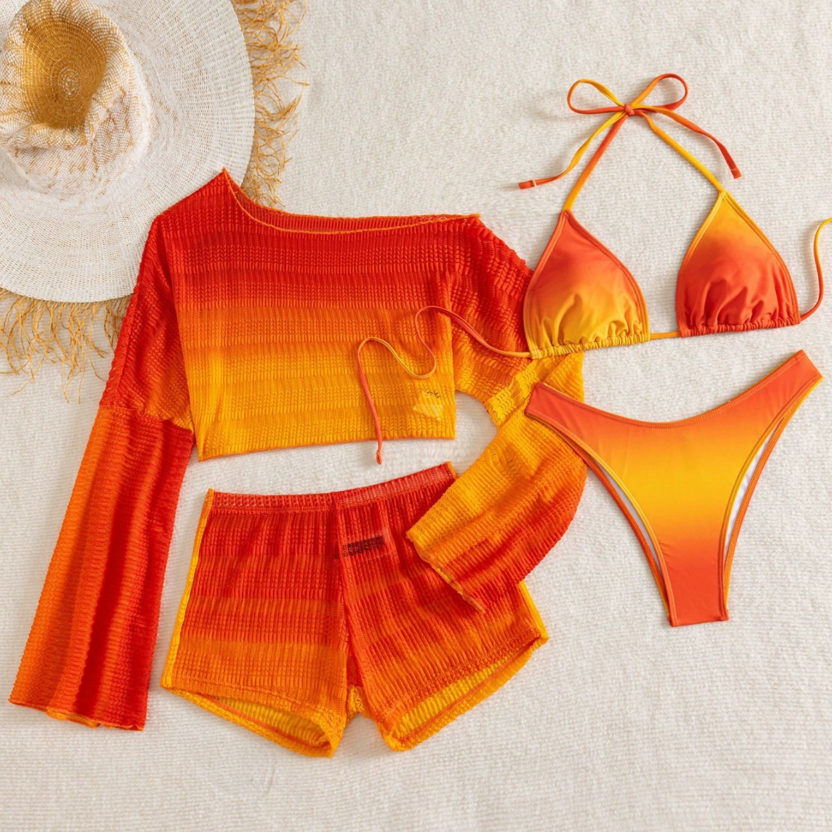 Women’s Four-Piece Swimsuit Set with Off-Shoulder Top, Bikini, and Shorts