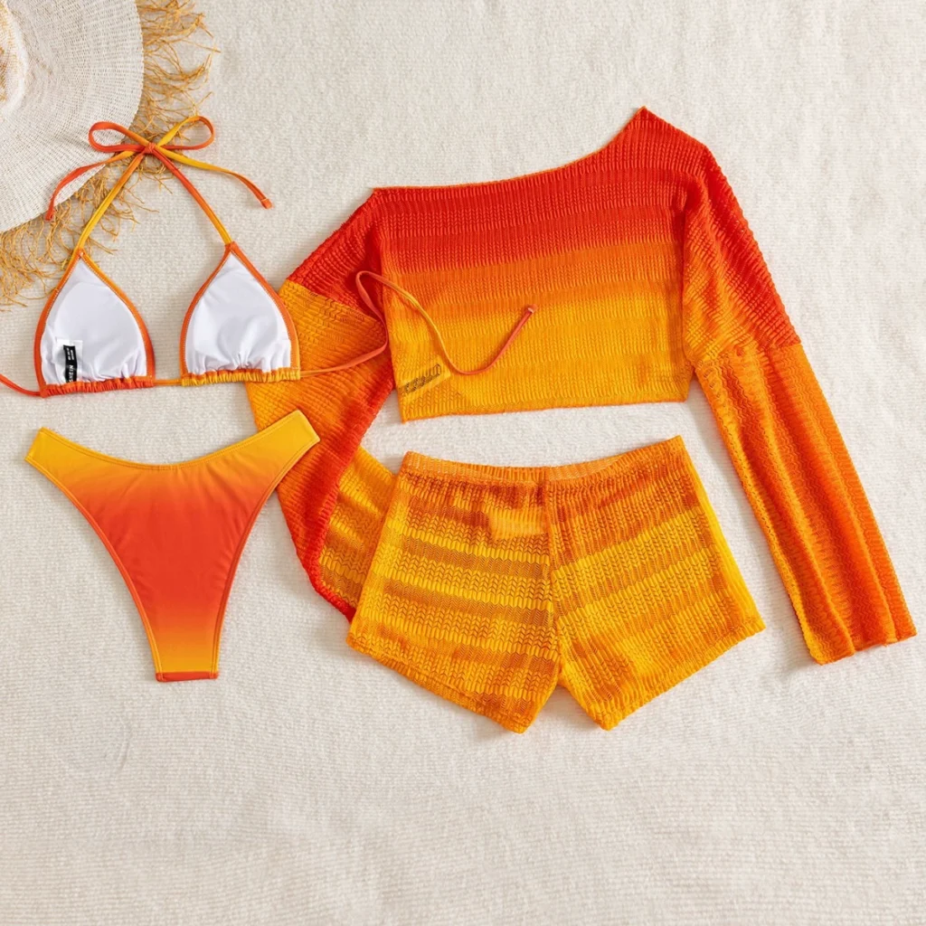 Women's Four-Piece Swimsuit Set with Off-Shoulder Top, Bikini, and Shorts view 2