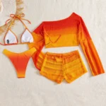 Women's Four-Piece Swimsuit Set with Off-Shoulder Top, Bikini, and Shorts view 2