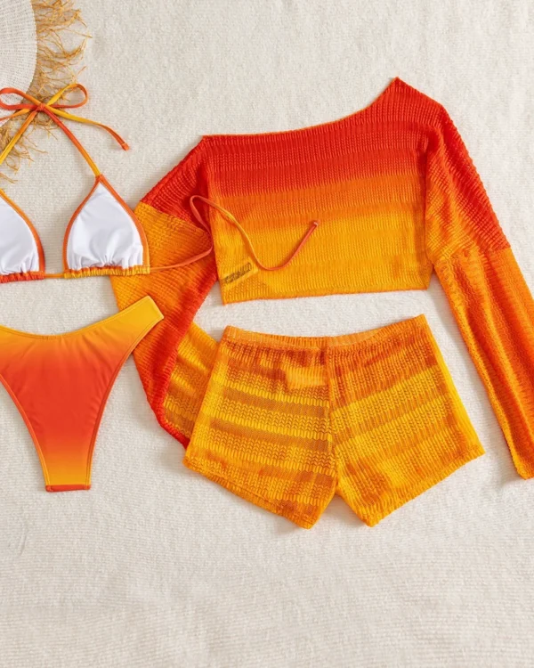 Traje de baño de cuatro piezas para mujer con top de hombros descubiertos