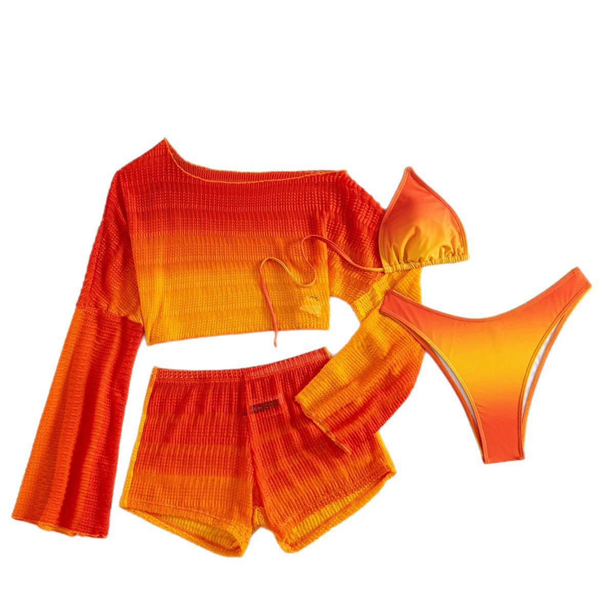 Women's Four-Piece Swimsuit Set with Off-Shoulder Top, Bikini, and Shorts view 5