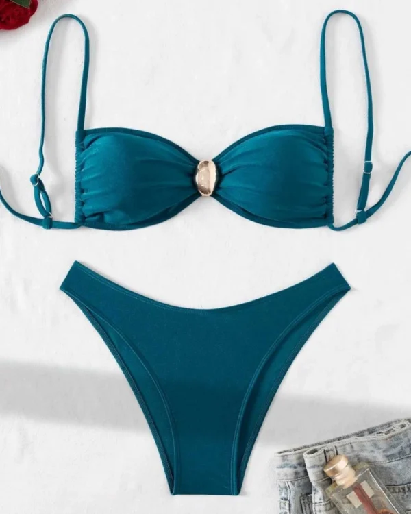 Two-Piece Bandeau Bikini Set with Metal Detail and Adjustable Straps
