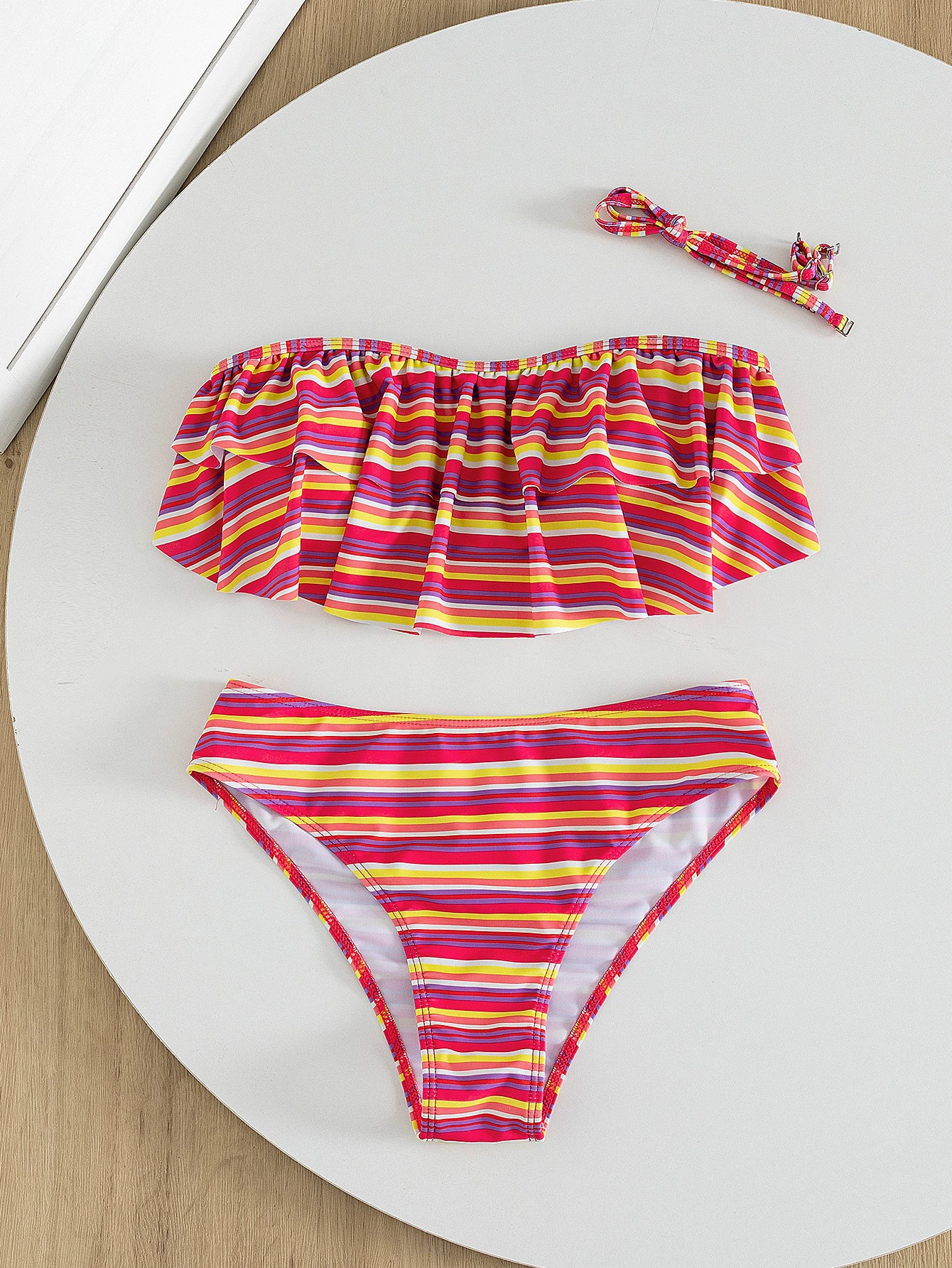 Ruffled Bandeau Bikini Set with Detachable Straps