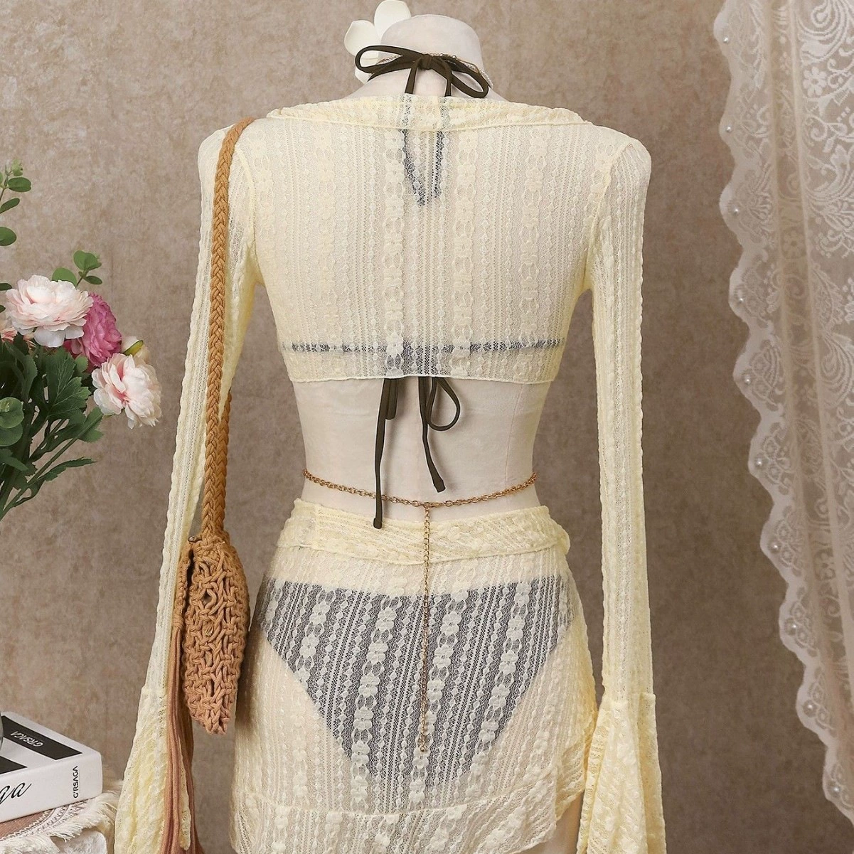 Four-Piece Long Sleeve Bikini Set with Cover-Up and Skirt view 4