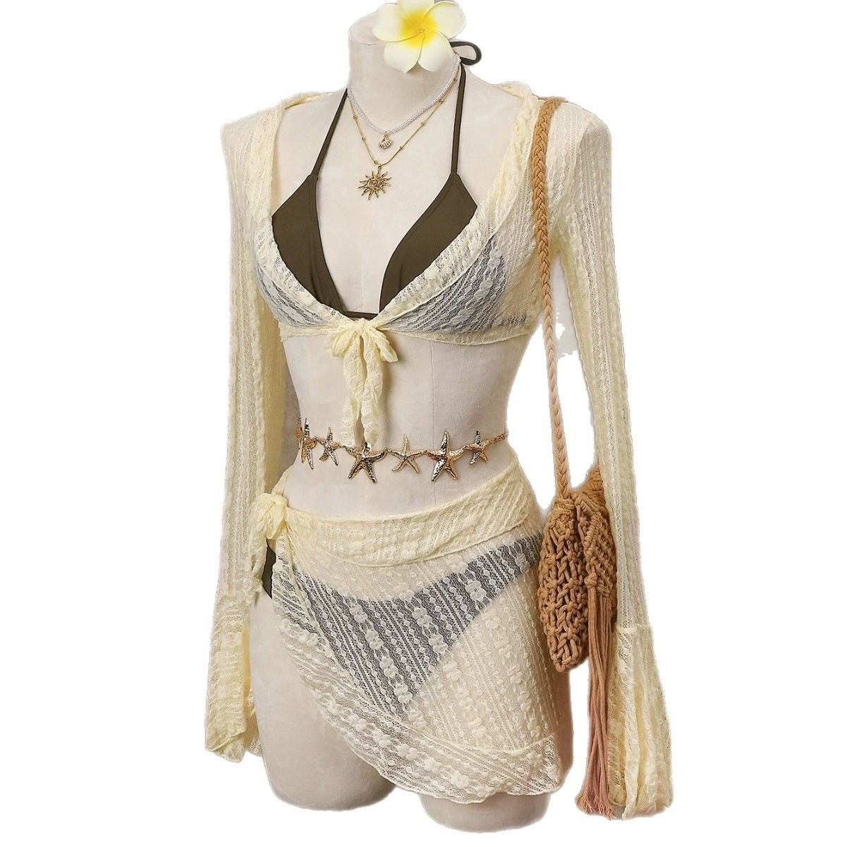 Four-Piece Long Sleeve Bikini Set with Cover-Up and Skirt view 5
