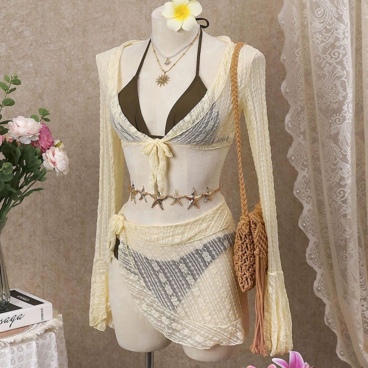 Four-Piece Long Sleeve Bikini Set with Cover-Up and Skirt view 6