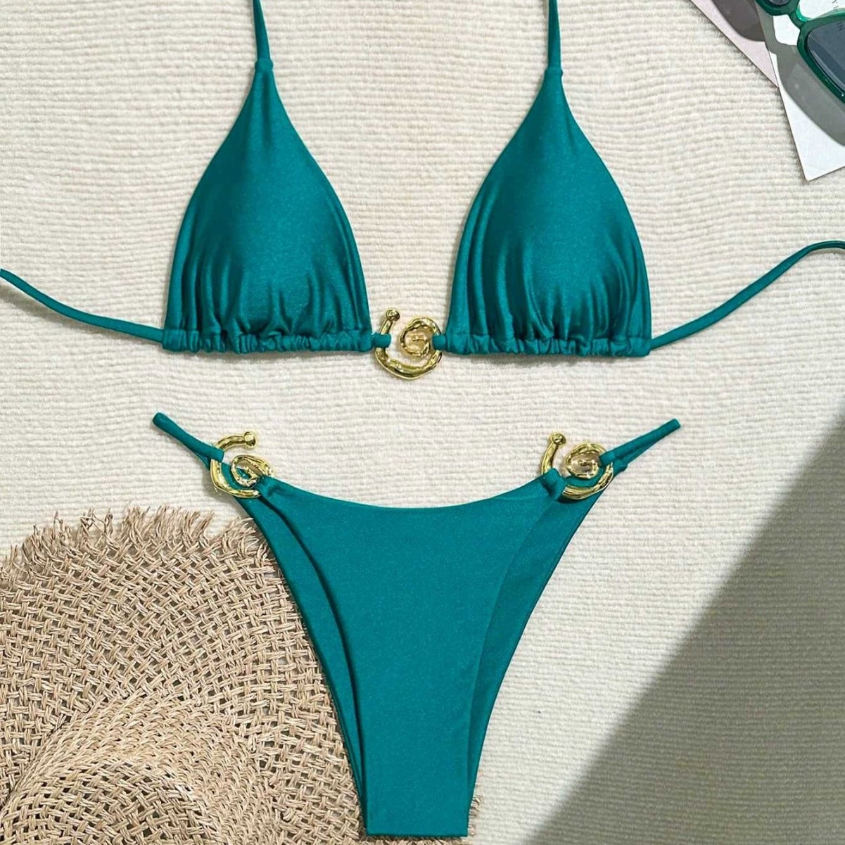 Two-Piece Triangle Bikini Set with Gold Ring Accents