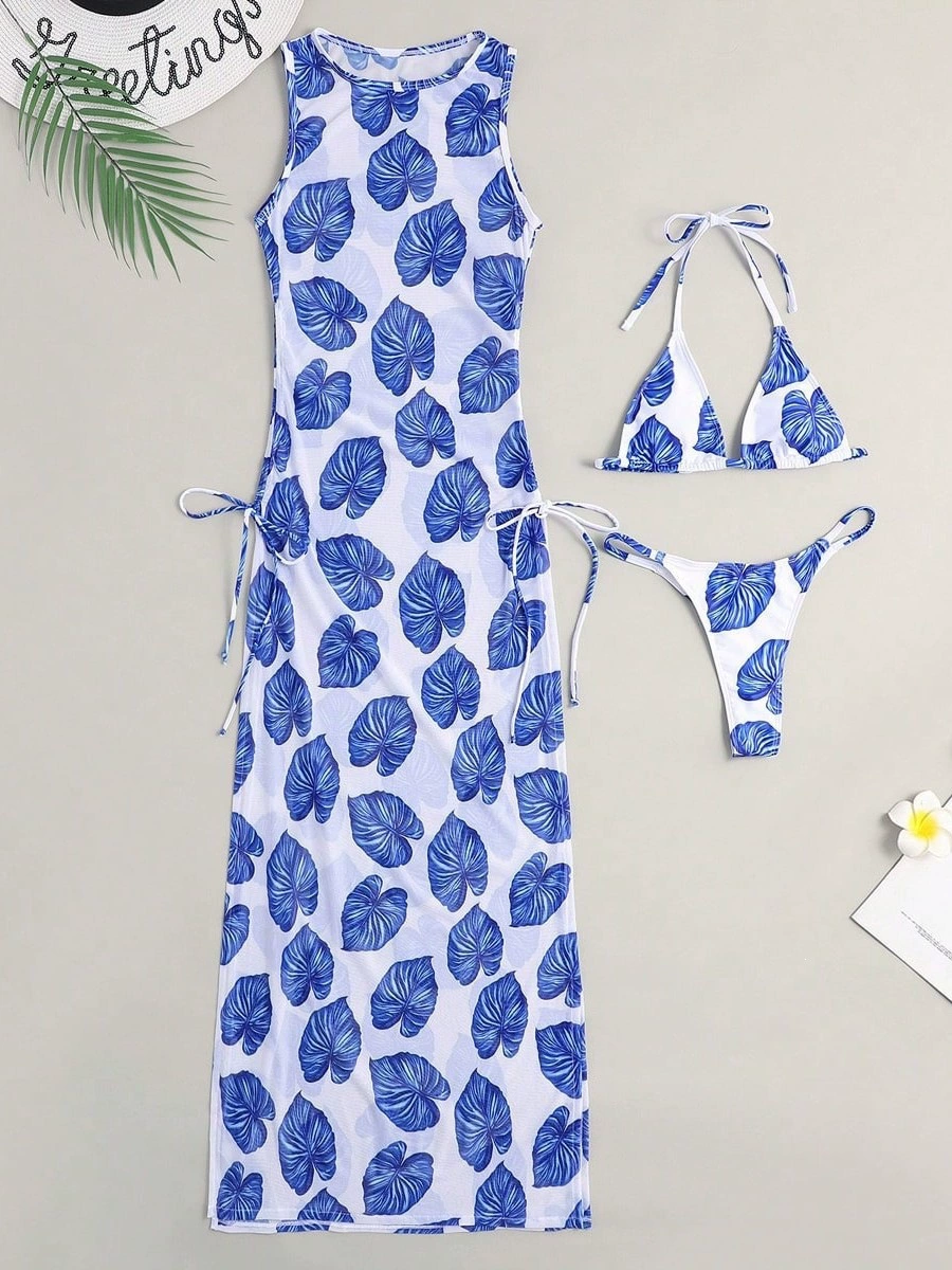 Three-Piece Halter Bikini Set with Sheer Cover-Up Dress