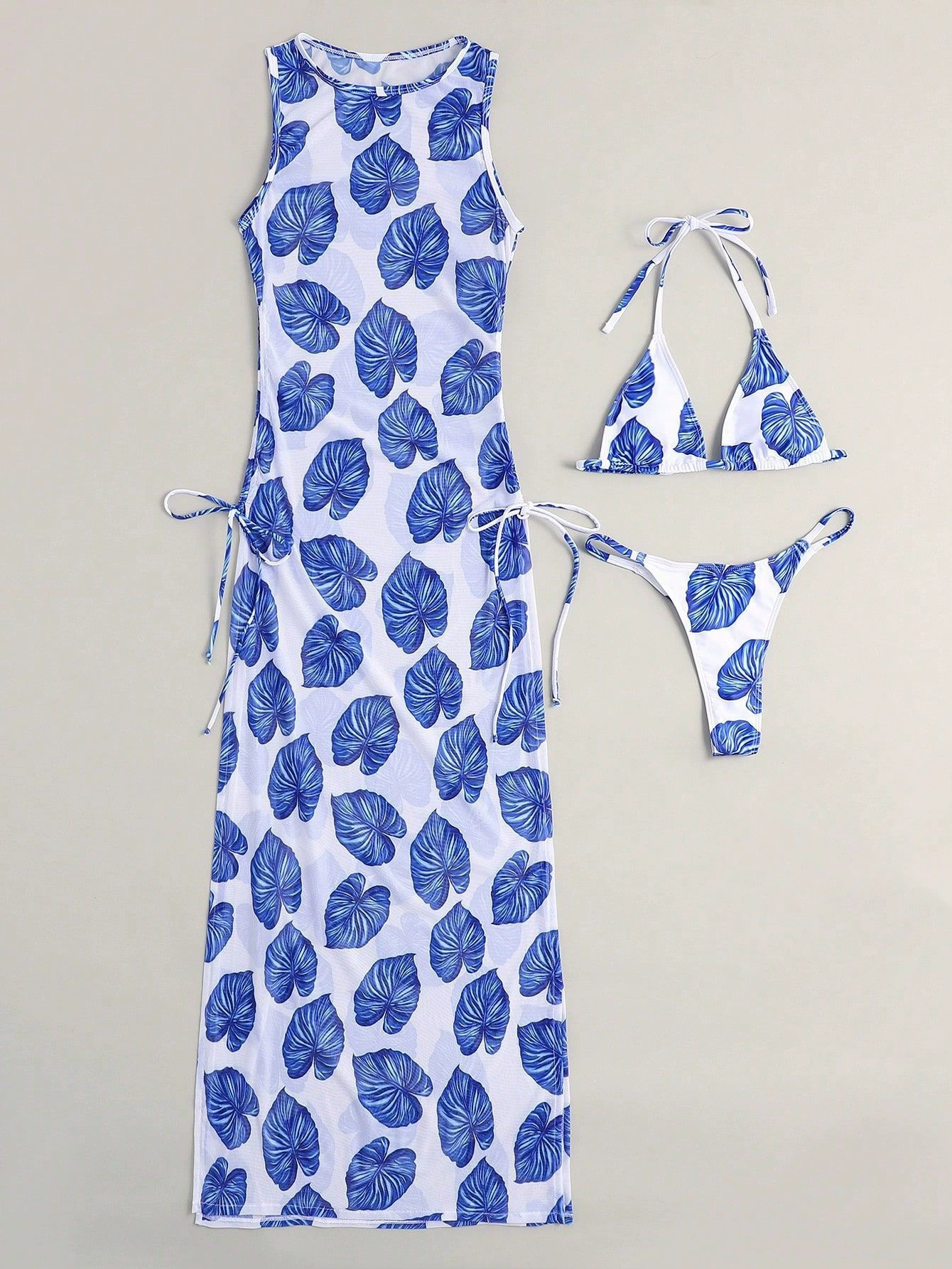 Three-Piece Halter Bikini Set with Sheer Cover-Up Dress view 3