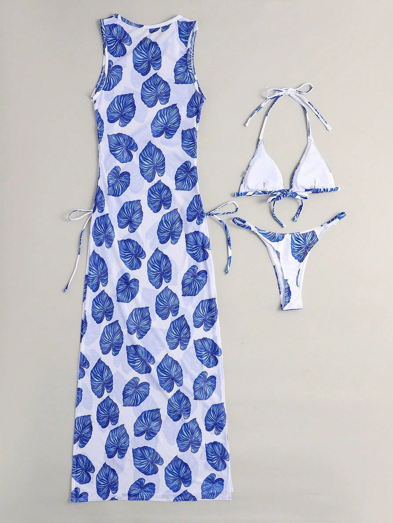 Three-Piece Halter Bikini Set with Sheer Cover-Up Dress view 4