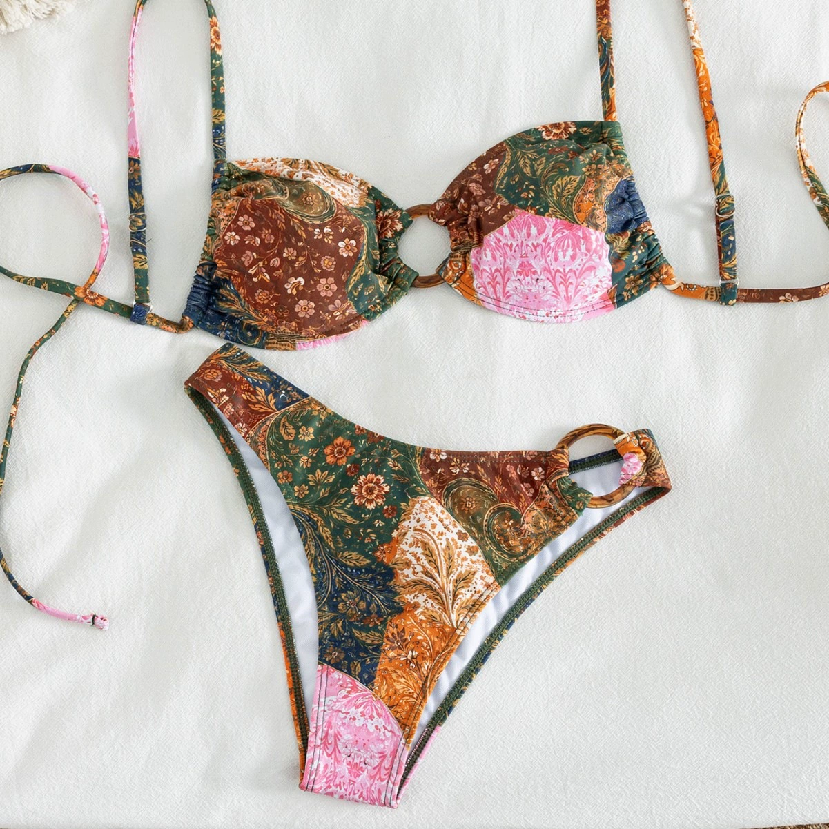 Halter Neck Bikini Set with Ring Accents
