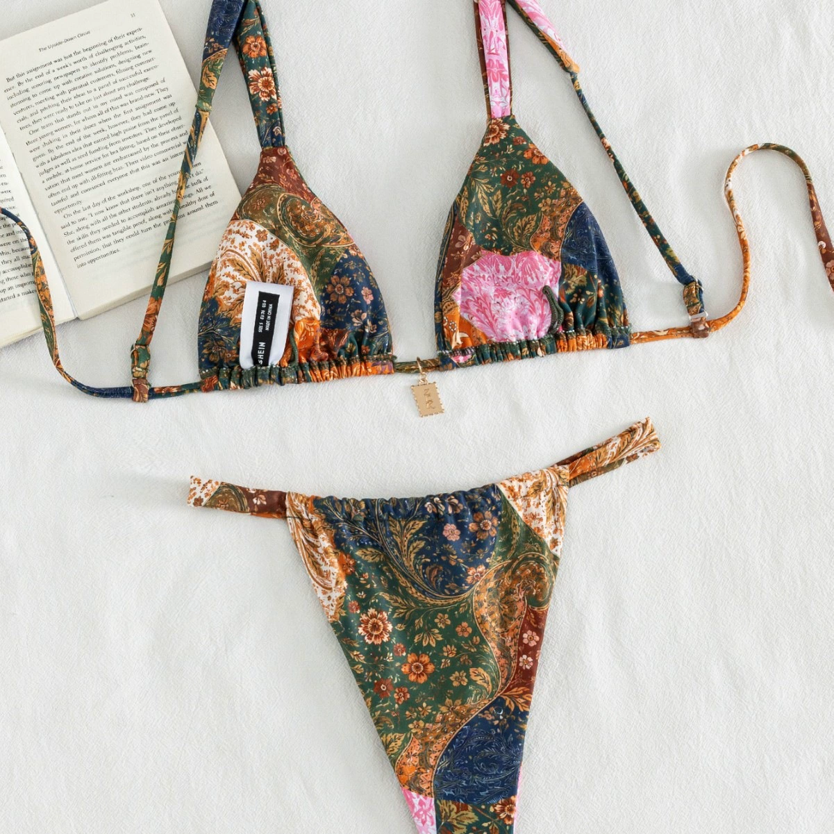 Two-Piece Triangle Bikini Set with Halter Ties and Pendant